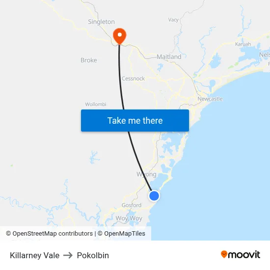 Killarney Vale to Pokolbin map