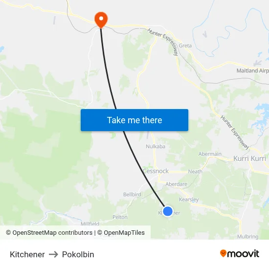 Kitchener to Pokolbin map