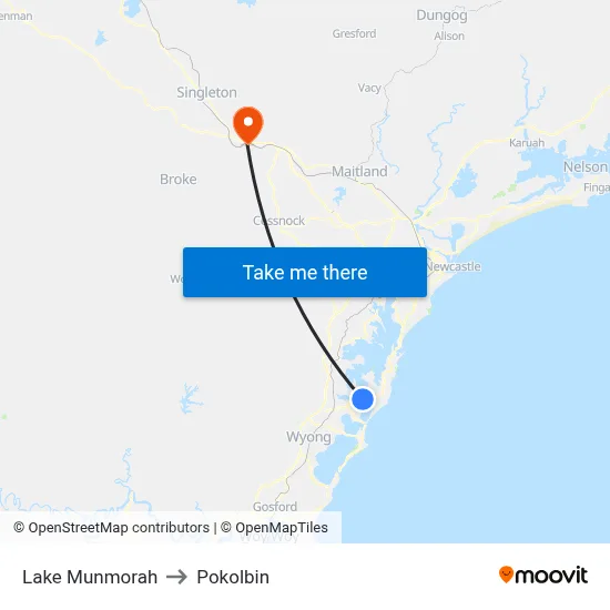 Lake Munmorah to Pokolbin map