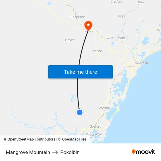 Mangrove Mountain to Pokolbin map