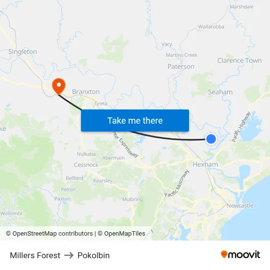 Millers Forest to Pokolbin map
