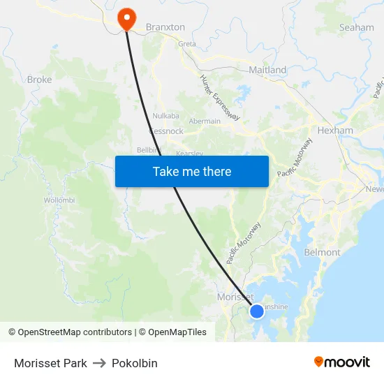 Morisset Park to Pokolbin map