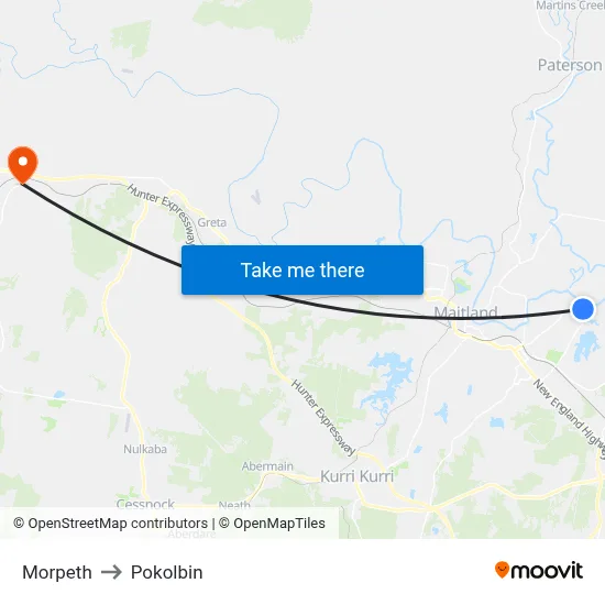 Morpeth to Pokolbin map