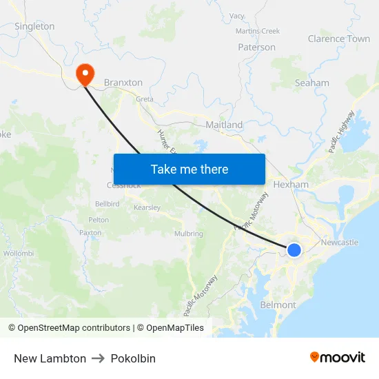 New Lambton to Pokolbin map