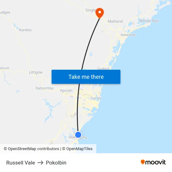 Russell Vale to Pokolbin map