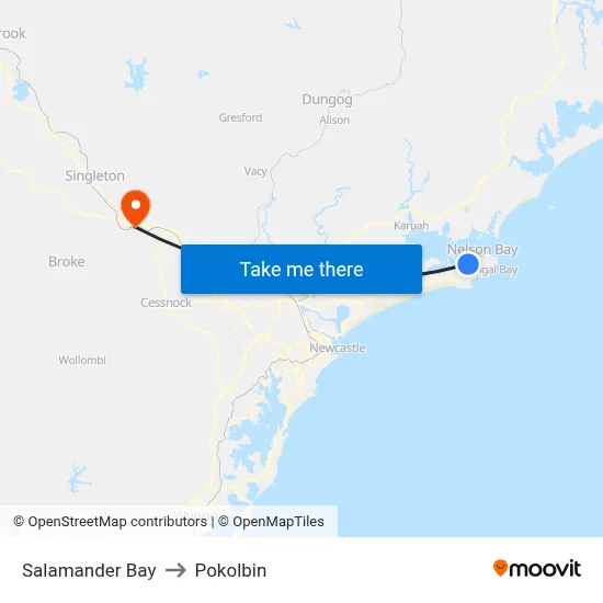 Salamander Bay to Pokolbin map