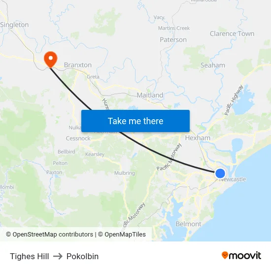 Tighes Hill to Pokolbin map