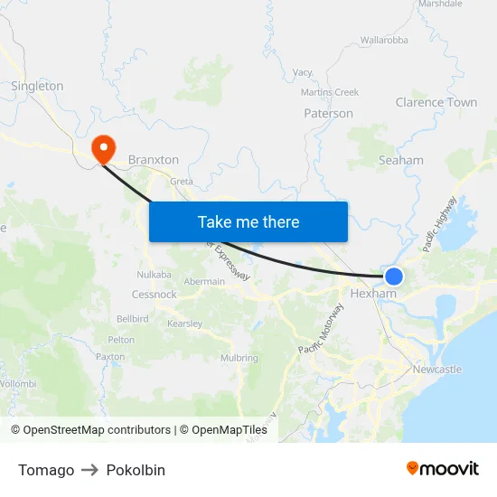Tomago to Pokolbin map