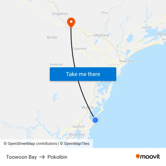 Toowoon Bay to Pokolbin map