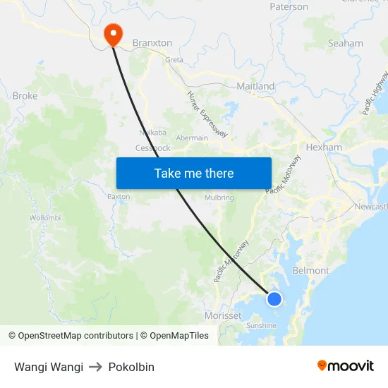 Wangi Wangi to Pokolbin map