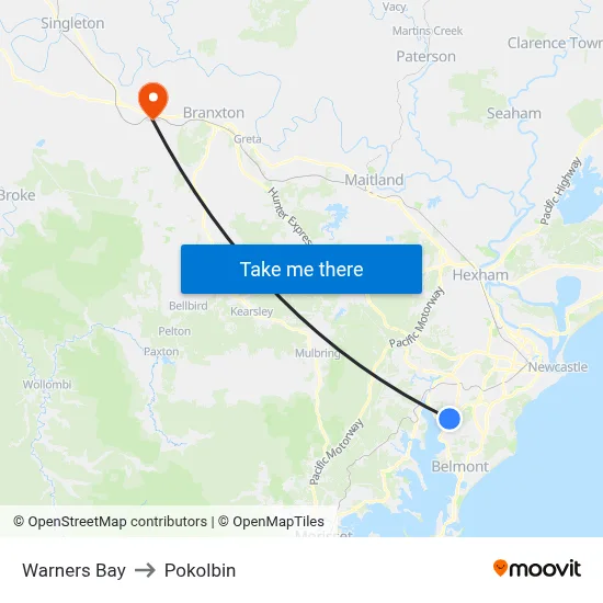 Warners Bay to Pokolbin map