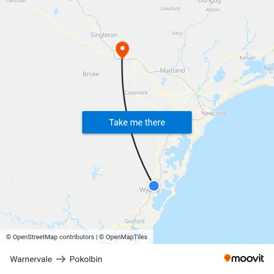Warnervale to Pokolbin map