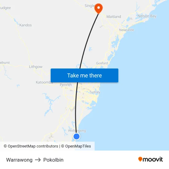 Warrawong to Pokolbin map