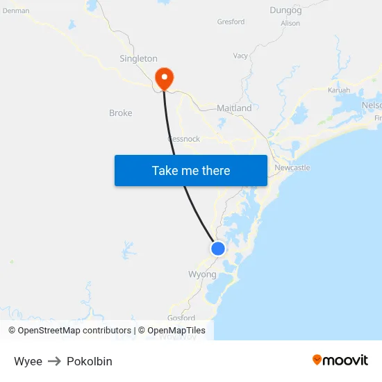 Wyee to Pokolbin map