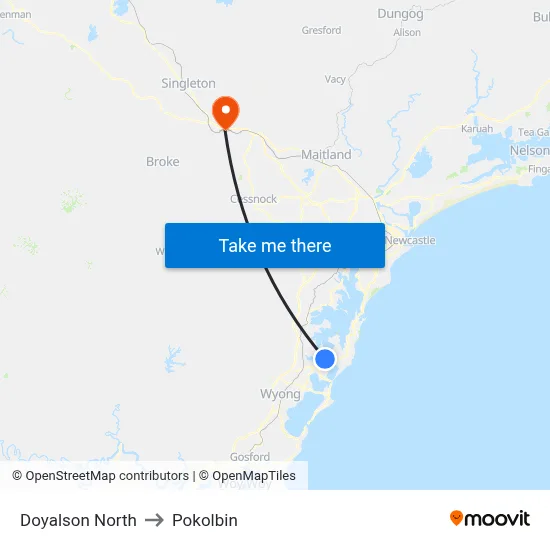 Doyalson North to Pokolbin map
