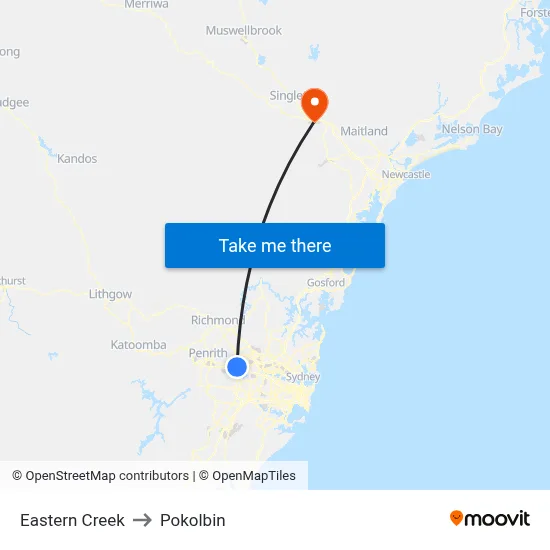 Eastern Creek to Pokolbin map