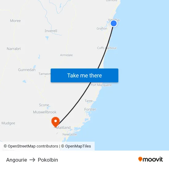 Angourie to Pokolbin map