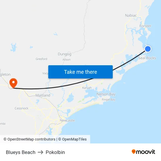 Blueys Beach to Pokolbin map