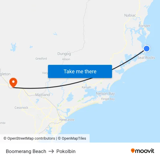 Boomerang Beach to Pokolbin map