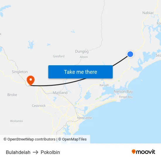 Bulahdelah to Pokolbin map