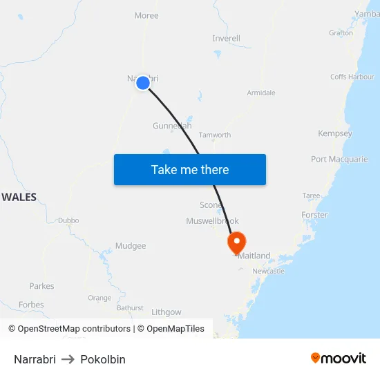 Narrabri to Pokolbin map