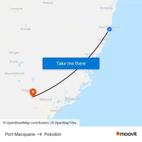 Port Macquarie to Pokolbin map
