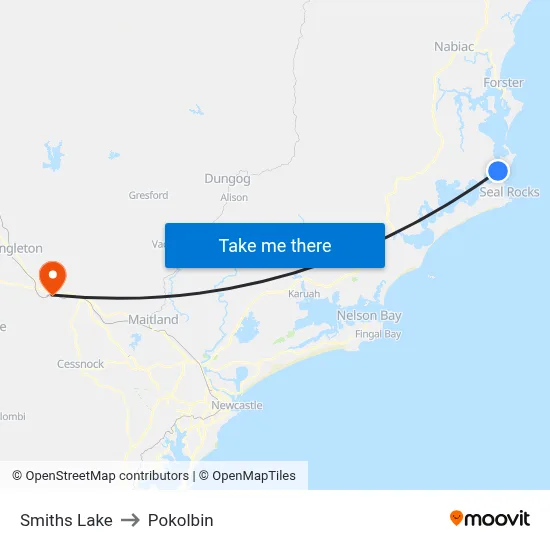 Smiths Lake to Pokolbin map