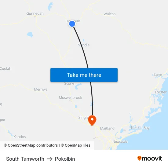 South Tamworth to Pokolbin map