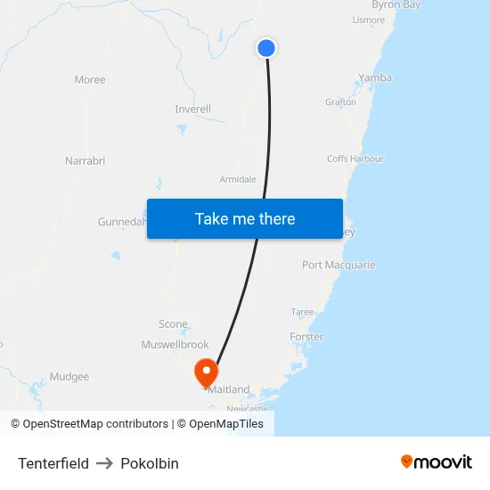 Tenterfield to Pokolbin map