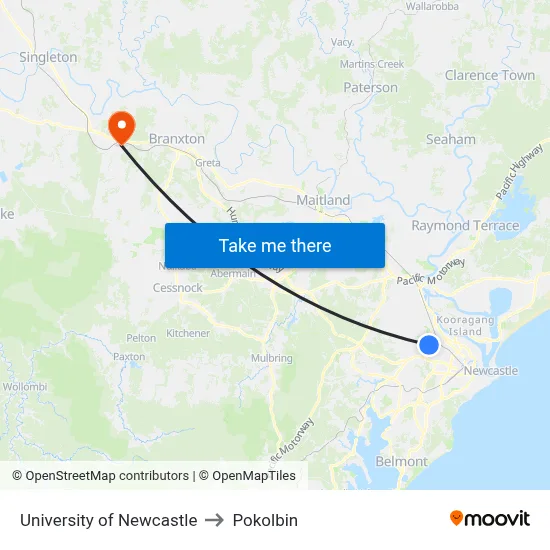 University of Newcastle to Pokolbin map