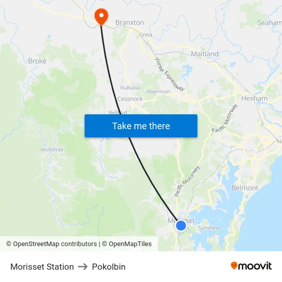 Morisset Station to Pokolbin map