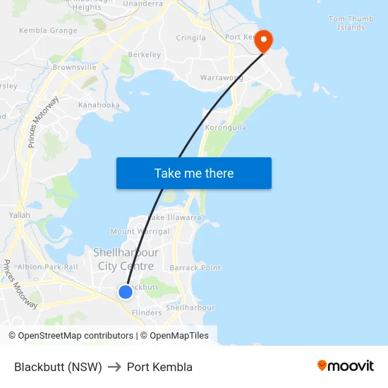 Blackbutt (NSW) to Port Kembla map