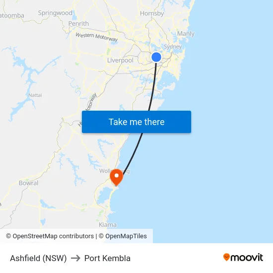 Ashfield (NSW) to Port Kembla map