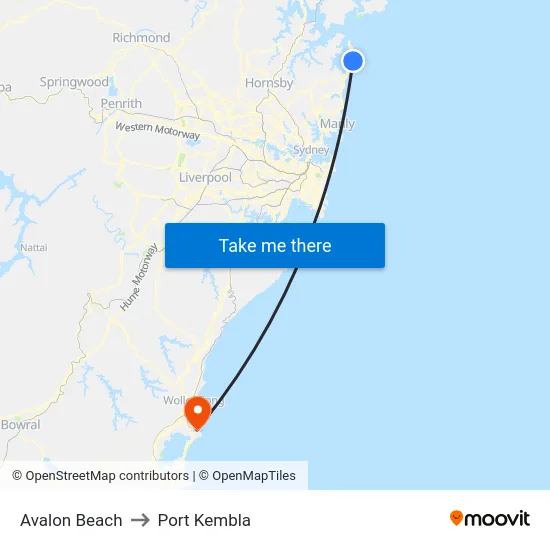 Avalon Beach to Port Kembla map