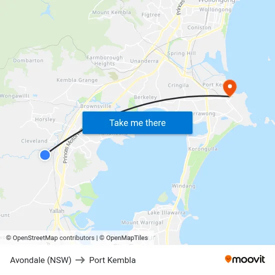 Avondale (NSW) to Port Kembla map