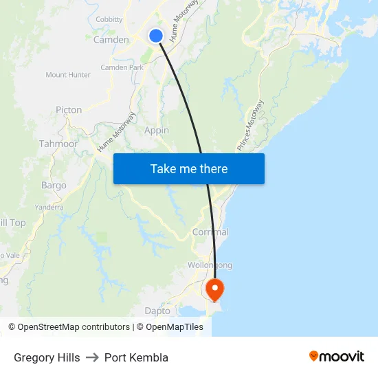 Gregory Hills to Port Kembla map