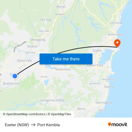 Exeter (NSW) to Port Kembla map