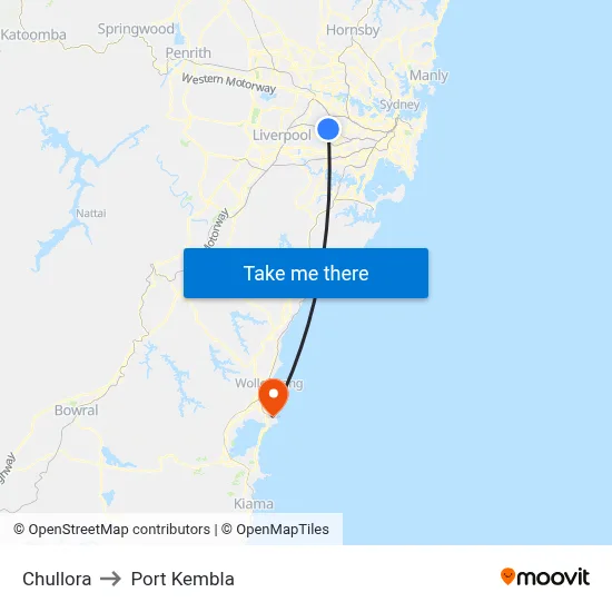 Chullora to Port Kembla map