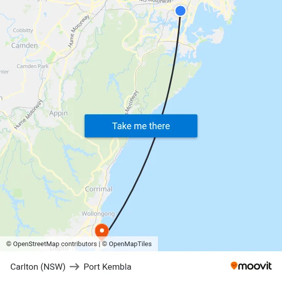 Carlton (NSW) to Port Kembla map