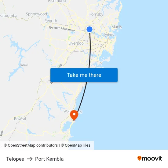 Telopea to Port Kembla map