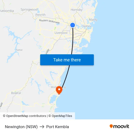 Newington (NSW) to Port Kembla map