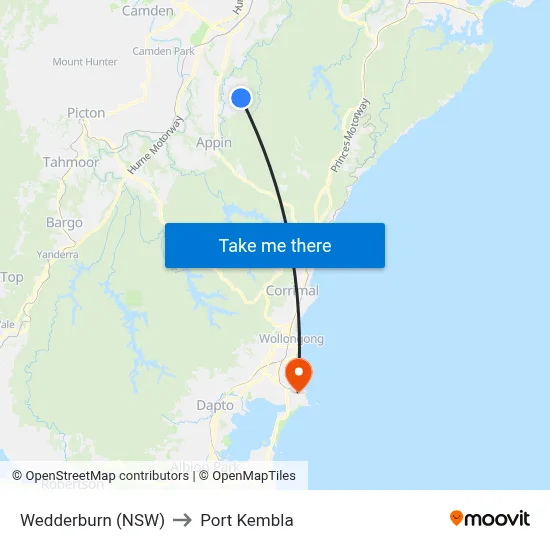 Wedderburn (NSW) to Port Kembla map