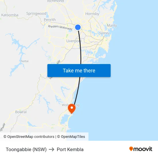 Toongabbie (NSW) to Port Kembla map