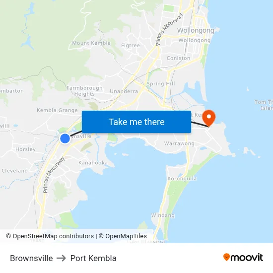 Brownsville to Port Kembla map