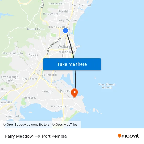 Fairy Meadow to Port Kembla map