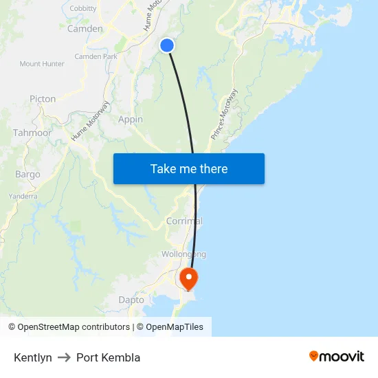 Kentlyn to Port Kembla map