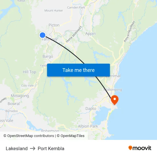 Lakesland to Port Kembla map