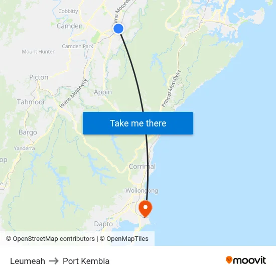 Leumeah to Port Kembla map