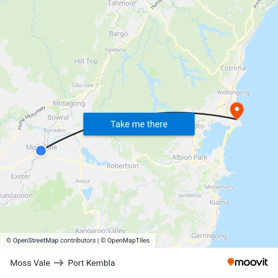Moss Vale to Port Kembla map