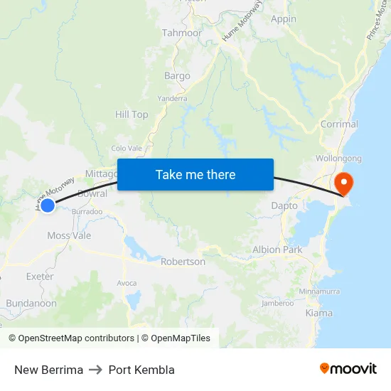 New Berrima to Port Kembla map